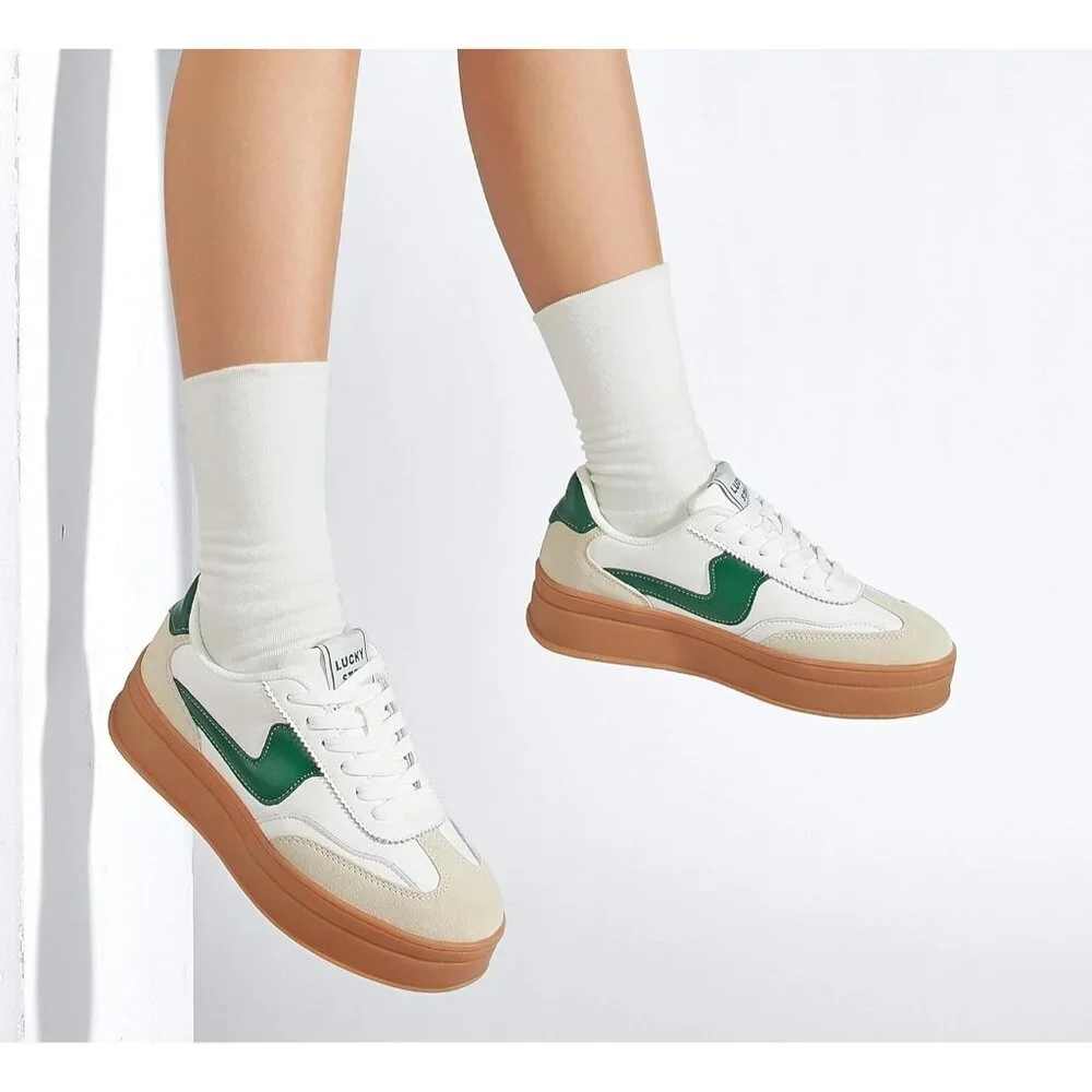 Women Platform WhiteGreen Sneaker Thick Sole Suede Leather Low Top Walking Shoes - Picture 6 of 9